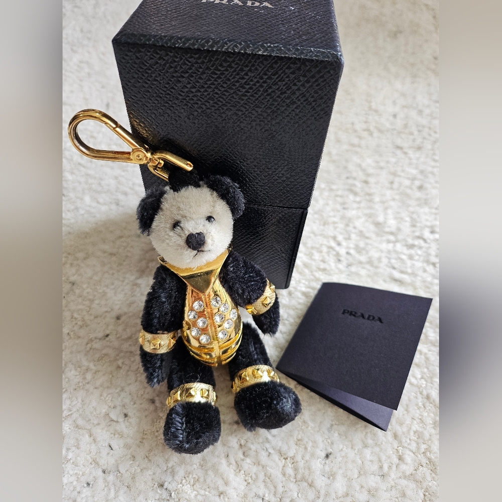 Prada Black and Gold Rhinestone Teddy Bear Bag/Keychain
